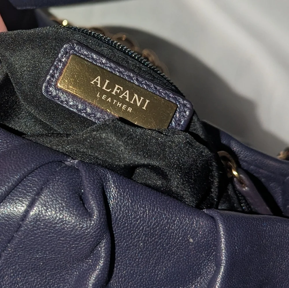 Alfani Navy Leather Ruched Y2K Shoulder Bag with Tassel And Gold Chain Accent